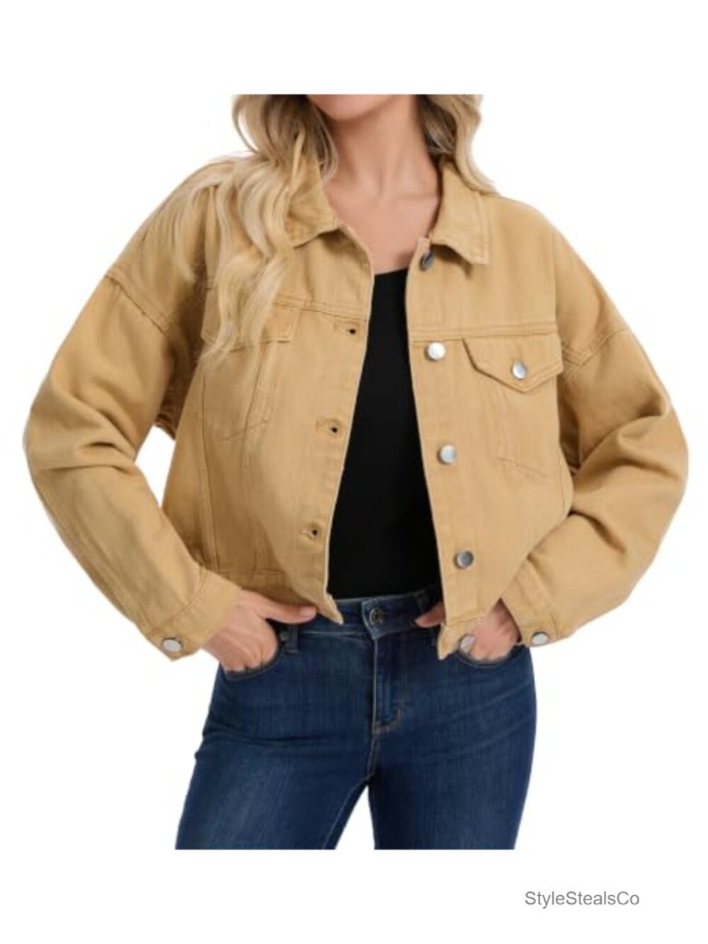Women Cropped Trucker Denim Jacket Button Snap Oversized Fit